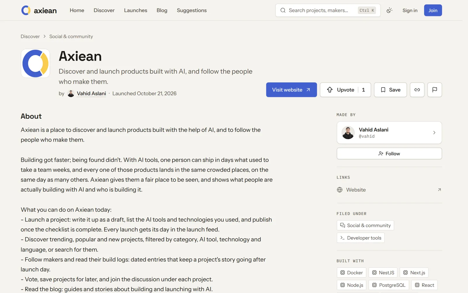 Axiean's own project page: its logo, description, maker, votes, categories and the technologies it was built with.