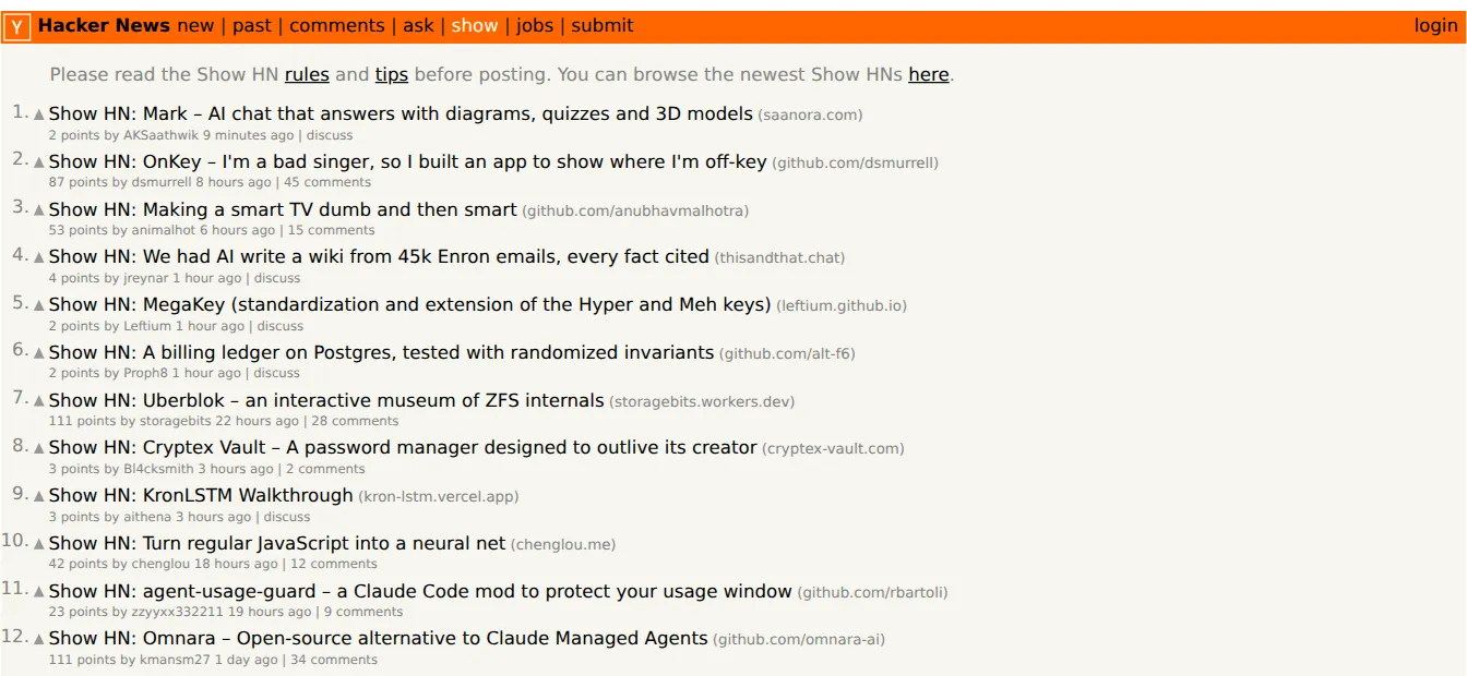The Show HN page on Hacker News.